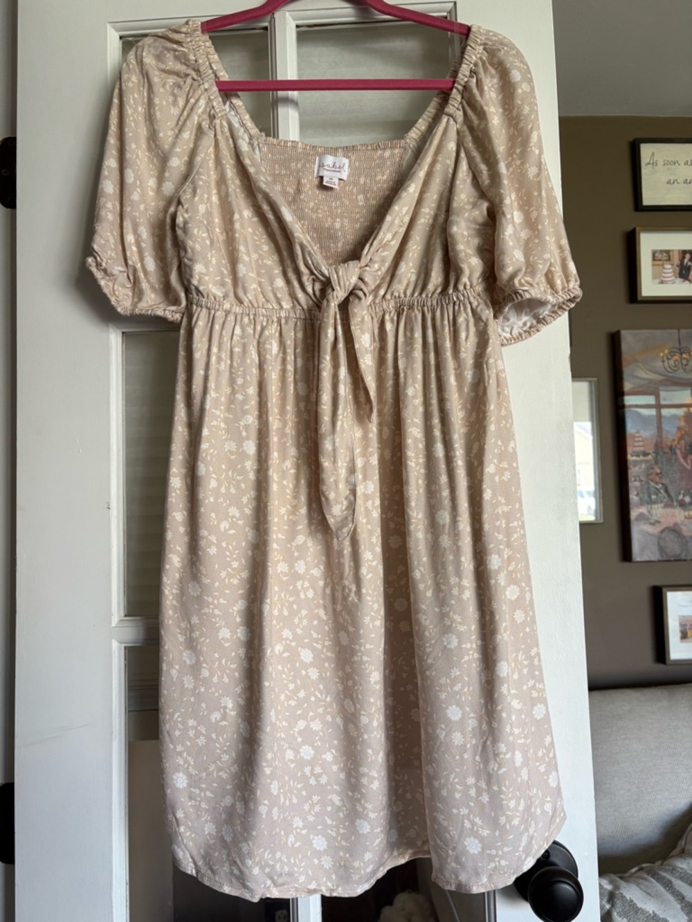 Light Tan Floral Tie-Front Maternity Babydoll Dress
